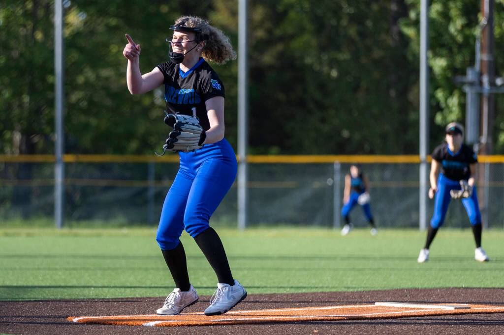 Shorewoods Ellie Van Horn reacts after the final out of the game against Meadowdale on Thursday, April 30, 2026 in Lynnwood, Washington. (Olivia Vanni / The Herald)