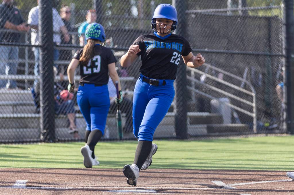 Shorewoods Zoey Perreault scores during the game against Meadowdale on Thursday, April 30, 2026 in Lynnwood, Washington. (Olivia Vanni / The Herald)