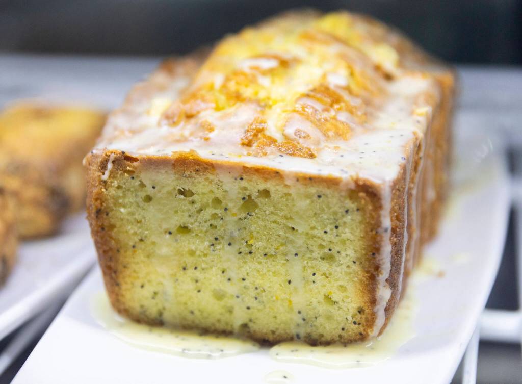 A poppyseed pound cake available at Flower House Cafe on Thursday, March 12, 2026 in Langley, Washington. (Olivia Vanni / The Herald)