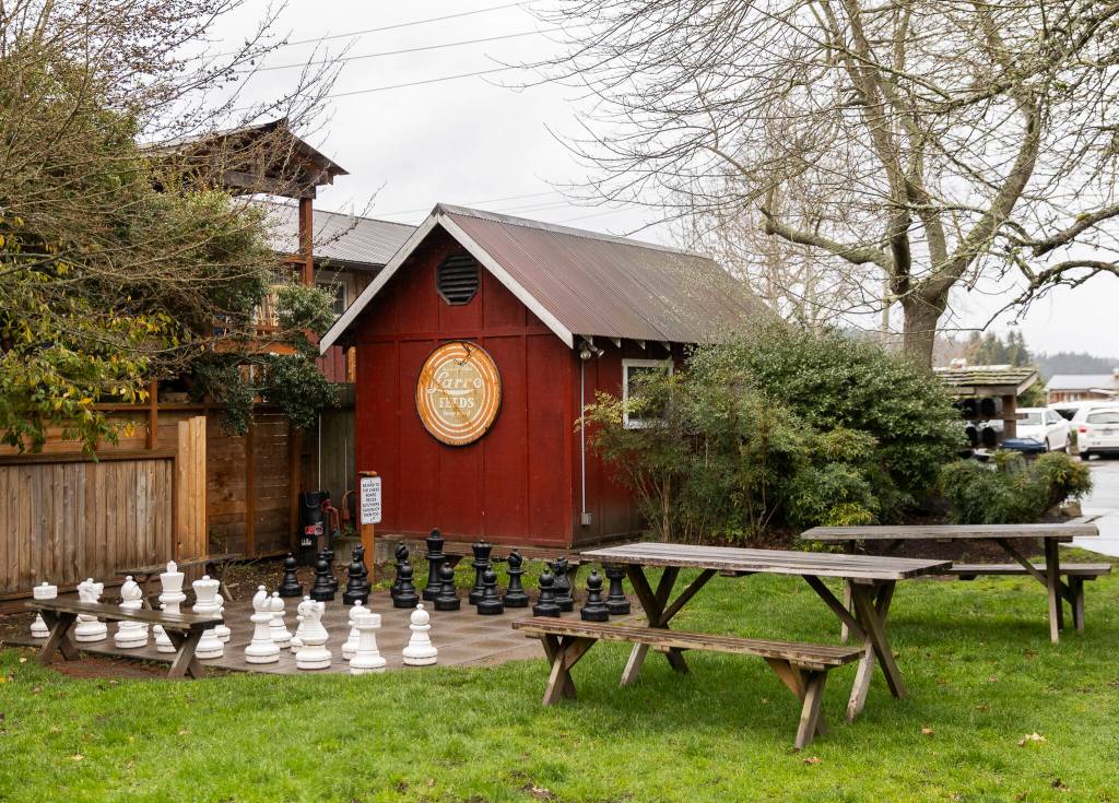 An outside picnic area and chess set at Bayview Corner on Thursday, March 12, 2026 in Langley, Washington. (Olivia Vanni / The Herald)