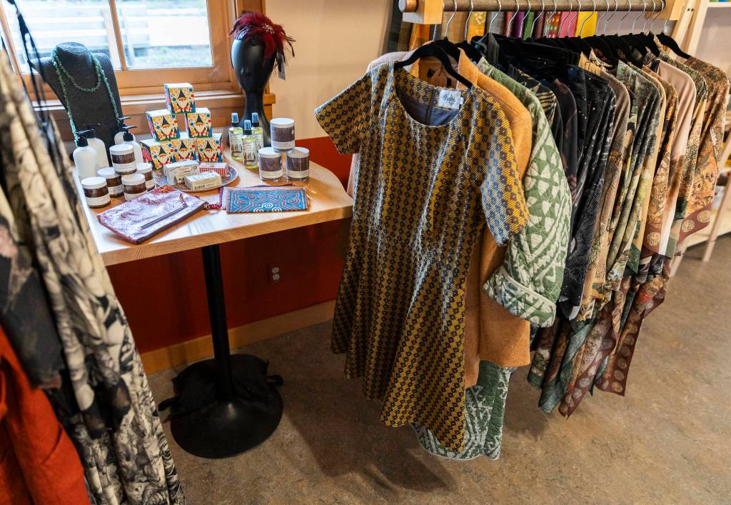A selection of clothing, jewelry and lotions available inside the Old Soul Bazaar on Thursday, March 12, 2026 in Langley, Washington. (Olivia Vanni / The Herald)