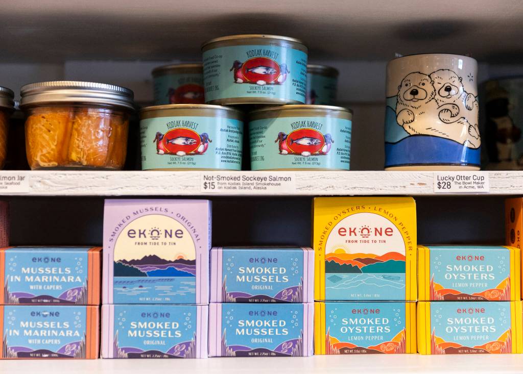 A selection of seafood items available at Salinity Seafood on Thursday, March 12, 2026 in Langley, Washington. (Olivia Vanni / The Herald)