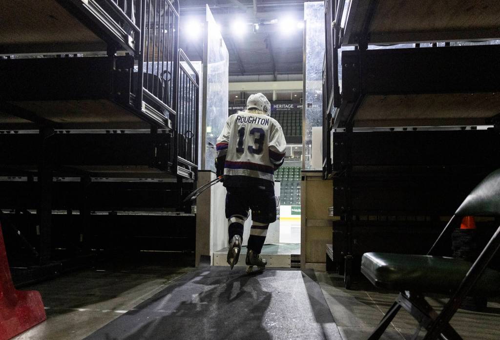 Lonnie Roughton walks through the tunnel before the Hackers playoff game at Angel of the Winds Arena on Sunday, March 29, 2026 in Everett, Washington. (Olivia Vanni / The Herald)on Sunday, March 29, 2026 in Everett, Washington. (Olivia Vanni / The Herald)