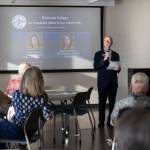 Edmonds Community College Board of Trustees member Carl Zapora introduces the speakers at a round table event on Monday, May 4, 2026 in Edmonds, Washington. (Olivia Vanni / The Herald)