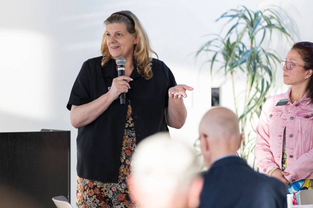 Edmonds College Vice President for Instruction answers questions during a round table event on Monday, May 4, 2026 in Edmonds, Washington. (Olivia Vanni / The Herald)