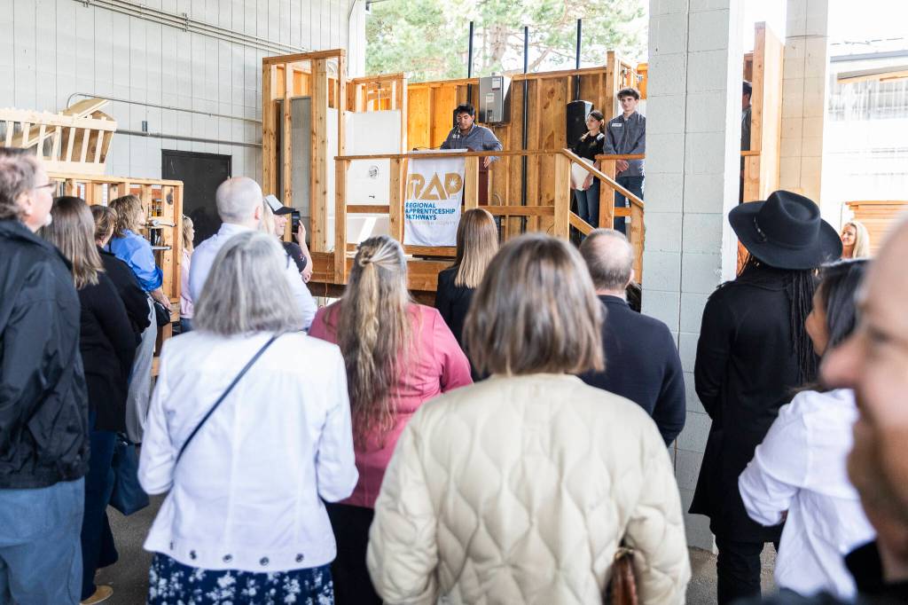 Steven Morales Cruz speaks about his experience during a showcase for Regional Apprenticeship Pathways students on Thursday, April 30, 2026 in Marysville, Washington. (Olivia Vanni / The Herald)