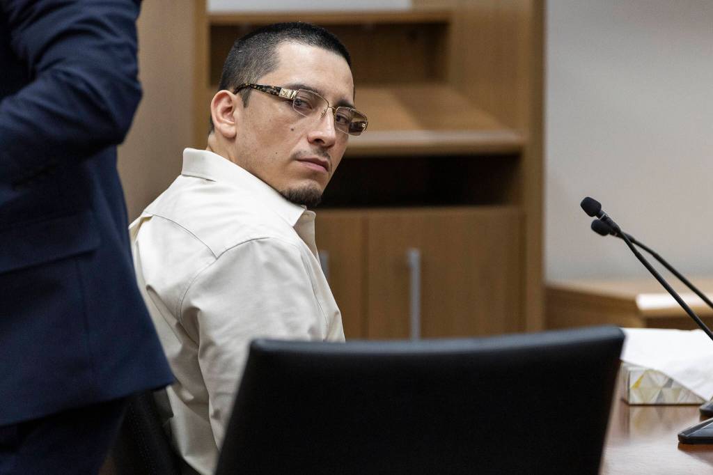 Cesar David Camacho-Amezcua, 33, at his sentencing hearing at the Snohomish County Superior Courthouse on Monday, May 4, 2026 in Everett, Washington. Camacho-Amezcua was sentenced to 13 years for shooting one man in the face in December 2022. (Olivia Vanni / The Herald)