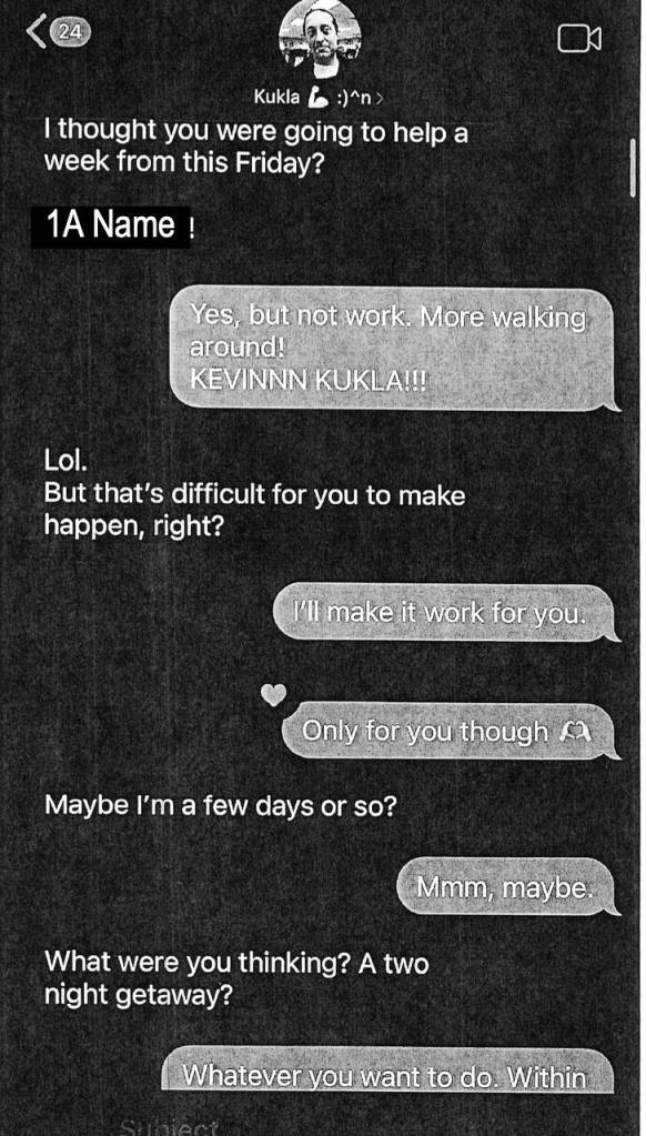 A screenshot of a text exchange between Kevin Kukla and his student, where he suggests a two-night getaway.