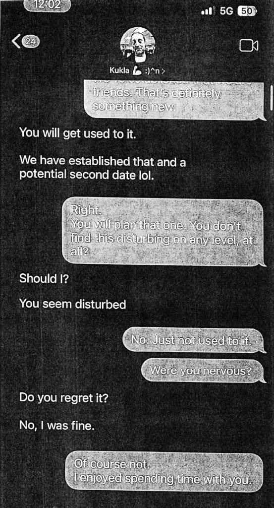 A screenshot of a text exchange between Kevin Kukla and his student, where they discuss a second date.