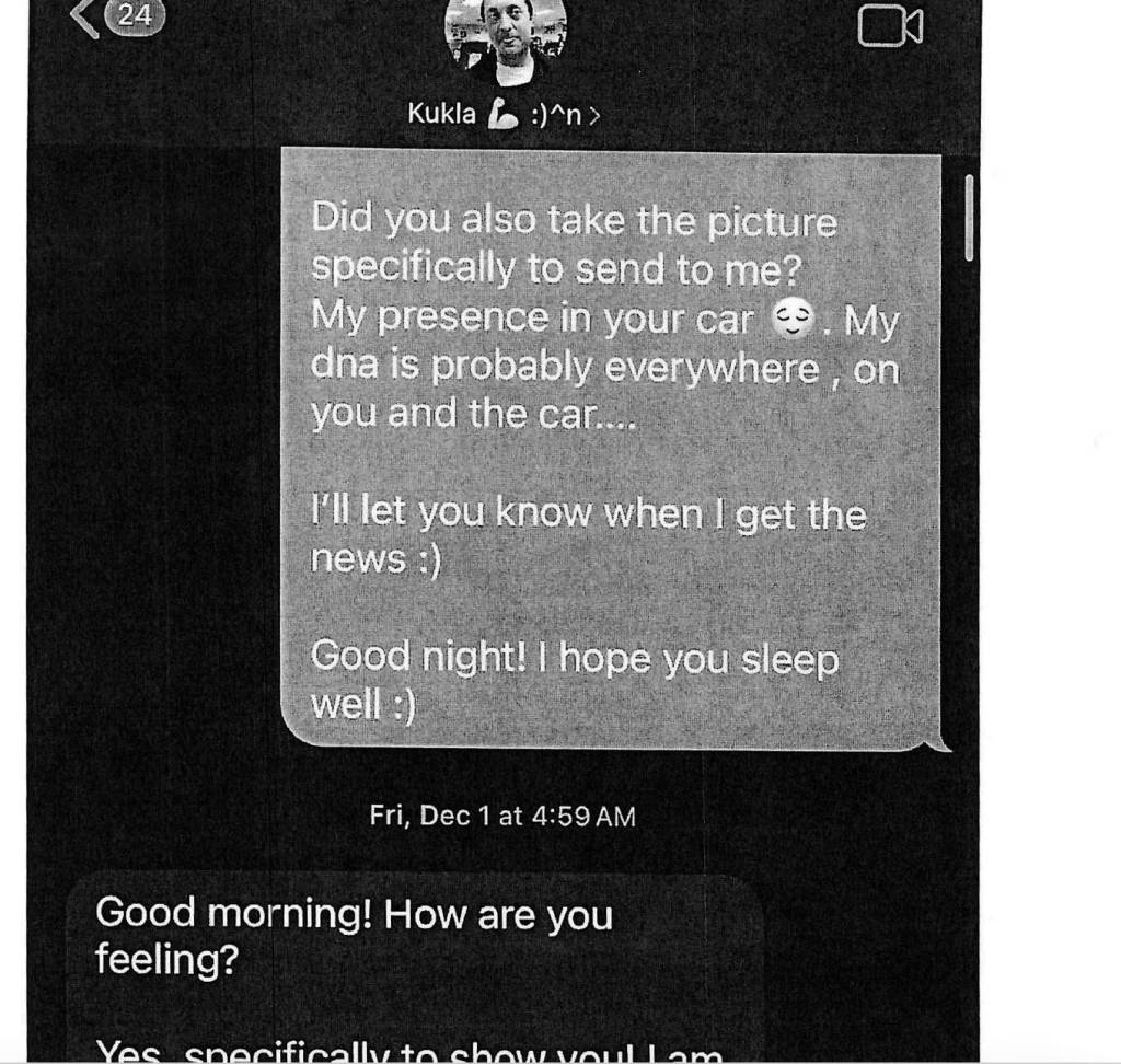A screenshot of a text exchange between Kevin Kukla and his student, where the student talks about her DNA being all over the teachers car.