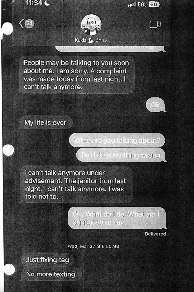 A screenshot of a text exchange between Kevin Kukla and his student that occurred after a custodian found him in his locked classroom receiving a back massage from his student in March 2024.