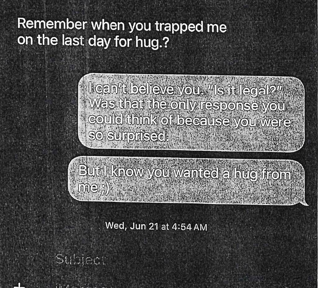 A screenshot of a text exchange between Kevin Kukla and the student that discusses hugging and whether what they did was legal.