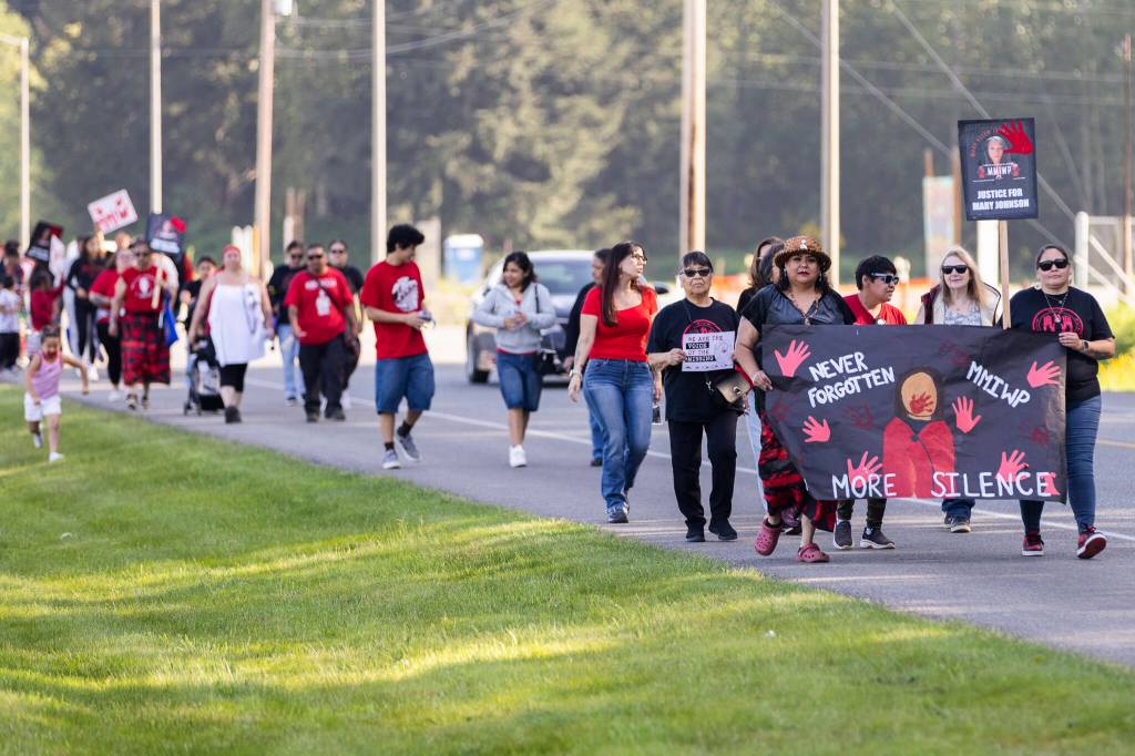 More than 100 people began a march in honor of missing and murdered Indigenous people on Tuesday, May 5, 2026, in Tulalip, Washington. (Olivia Vanni / The Herald)