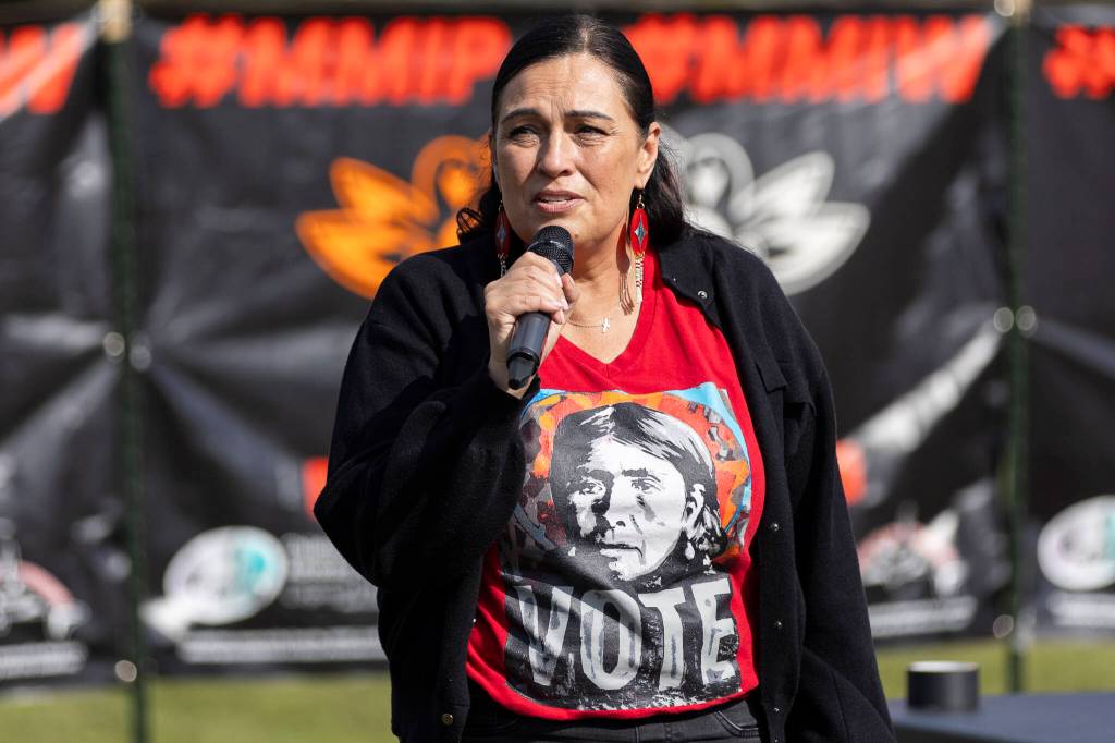 Tulalip Tribes Board Vice Chair Deborah Parker speaks at a rally in honor of missing and murdered Indigenous people on Tuesday, May 5, 2026, in Tulalip, Washington. (Olivia Vanni / The Herald)