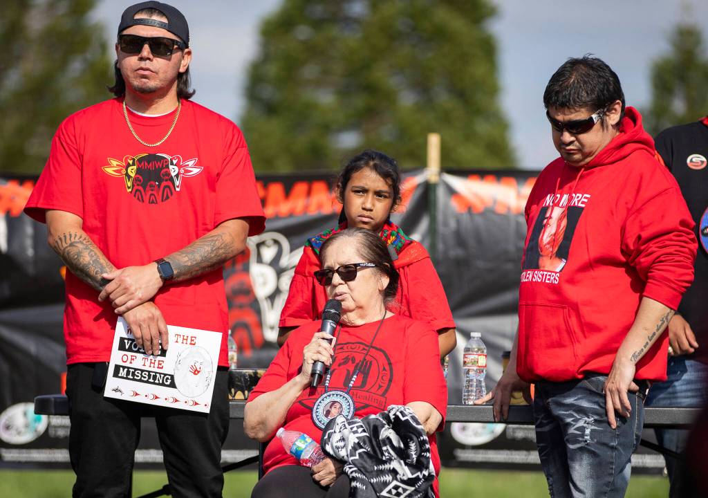 Marilyn Flores, mother of Jolene Flores, speaks about her daughter during a rally honoring missing and murdered Indigenous people on Tuesday, May 5, 2026, in Tulalip, Washington. (Olivia Vanni / The Herald)