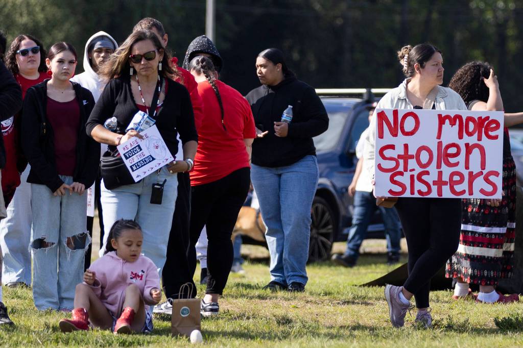People gather to listen to speakers during a rally in honor of missing and murdered Indigenous people on Tuesday, May 5, 2026, in Tulalip, Washington. (Olivia Vanni / The Herald)
