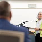 Julie Winchell speaks at a PUD Commission Meeting due to her concerns about a data center in Arlington on Tuesday, May 5, 2026 in Everett, Washington. (Olivia Vanni / The Herald)