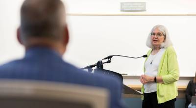 Julie Winchell speaks at a PUD Commission Meeting due to her concerns about a data center in Arlington on Tuesday, May 5, 2026 in Everett, Washington. (Olivia Vanni / The Herald)