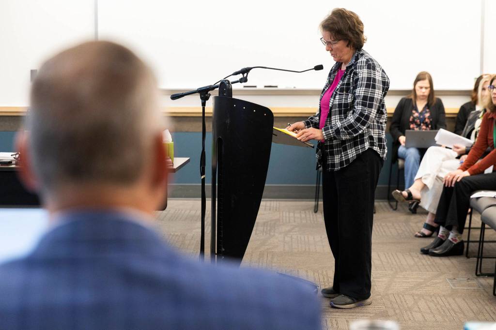 Mary OFarrell speaks at a PUD Commission Meeting due to her concerns about a data center in Arlington on Tuesday, May 5, 2026 in Everett, Washington. (Olivia Vanni / The Herald)
