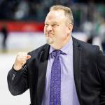 Silvertips coach Steve Hamilton pumps his fist walking off the ice after Everetts 1-0 double overtime win against the Seattle Thunderbirds to clinch the first-round series of the 2025 WHL Playoffs at accesso ShoWare Center on April 7, 2025. (Photo courtesy Evan Morud / Everett Silvertips)