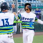 Curtis Washington Jr. (right) of the Everett AquaSox approaches home plate after hitting a home run against the Hillsboro Hops on Tuesday, May 5, 2026 at Everett Memorial Stadium. (Photo courtesy of Shari Sommerfeld / Everett AquaSox)