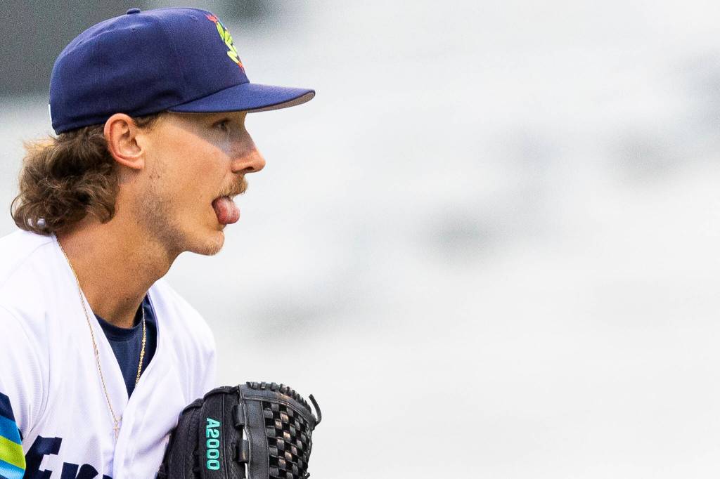 Bryce Miller #37 of the Everett AquaSox prepares to pitch during the game against the Hillsboro Hops on Wednesday, May 6, 2026 in Everett, Washington. (Olivia Vanni / The Herald)