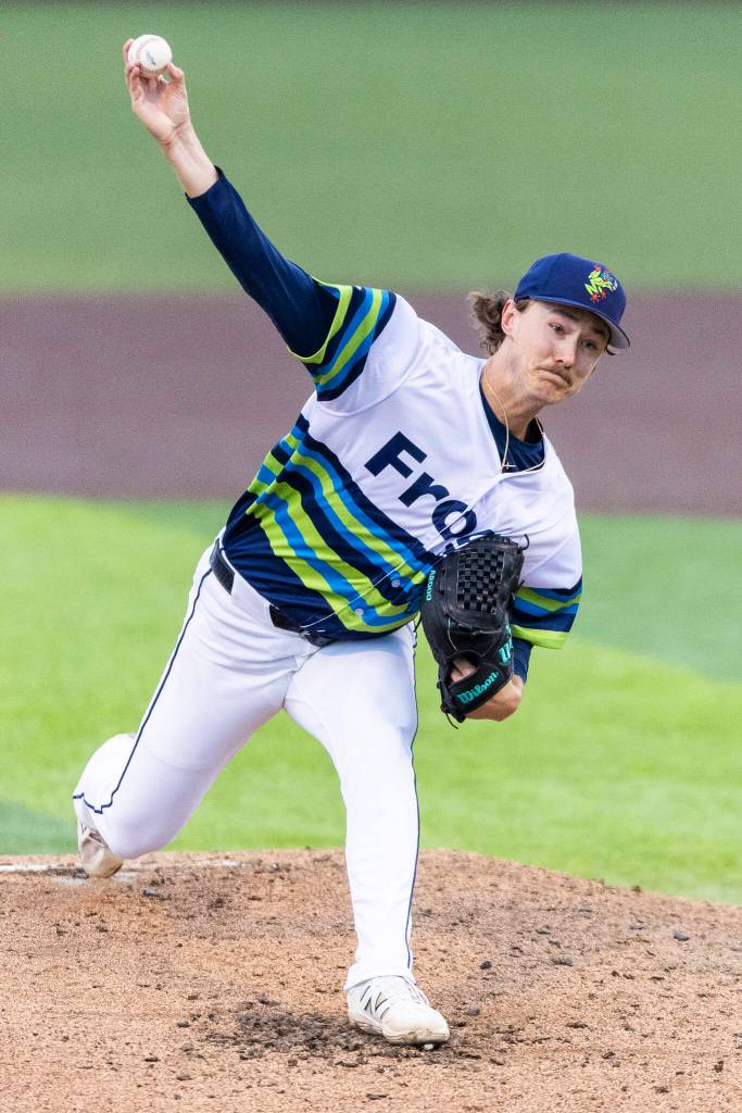 Bryce Miller #37 of the Everett AquaSox pitches during the game against the Hillsboro Hops on Wednesday, May 6, 2026 in Everett, Washington. (Olivia Vanni / The Herald)
