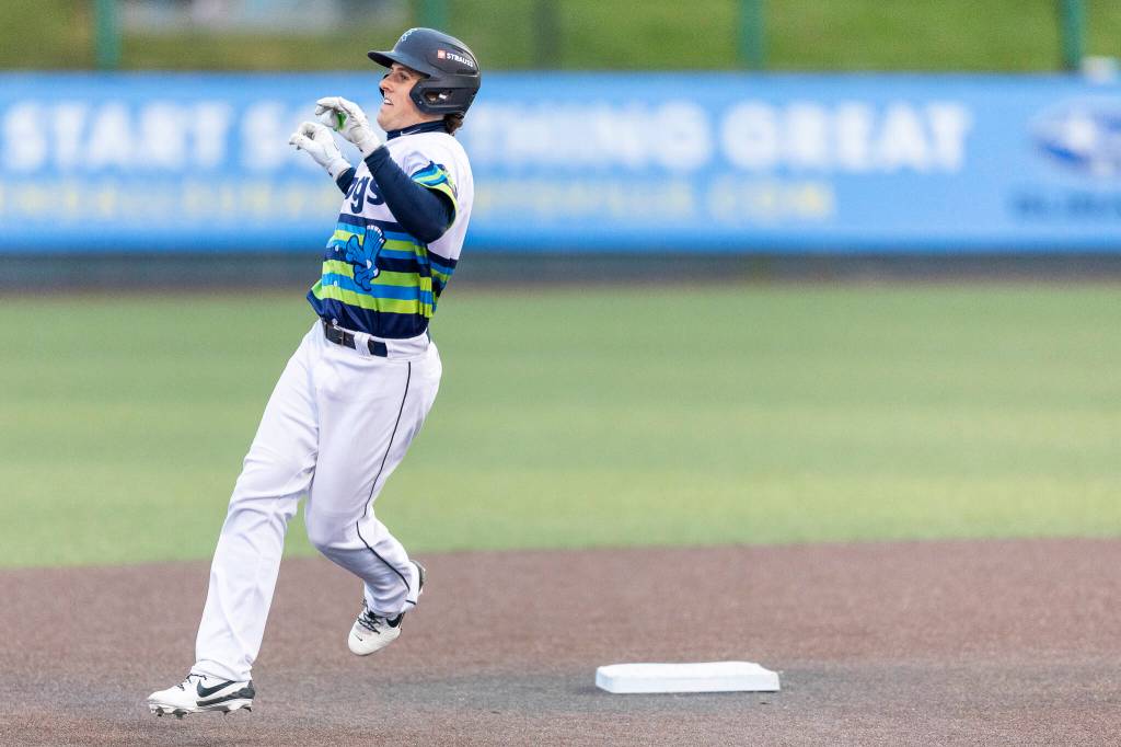 Carter Dorighi #29 of the Everett AquaSox celebrates while running the bases after hitting a home run during the game against the Hillsboro Hops on Wednesday, May 6, 2026 in Everett, Washington. (Olivia Vanni / The Herald)