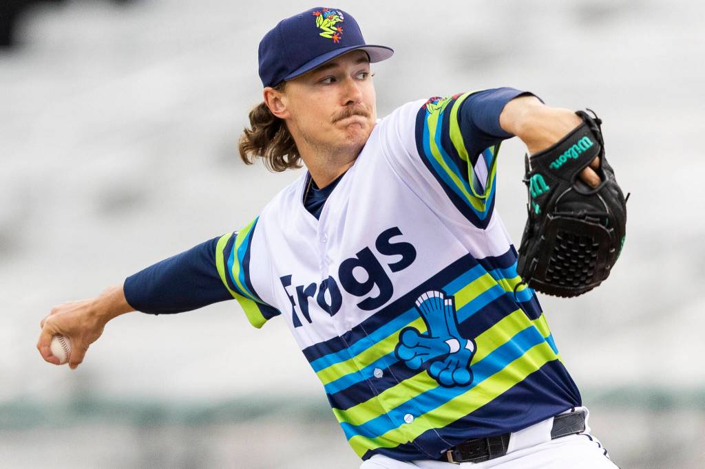 Bryce Miller #37 of the Everett AquaSox pitches during the game against the Hillsboro Hops on Wednesday, May 6, 2026 in Everett, Washington. (Olivia Vanni / The Herald)