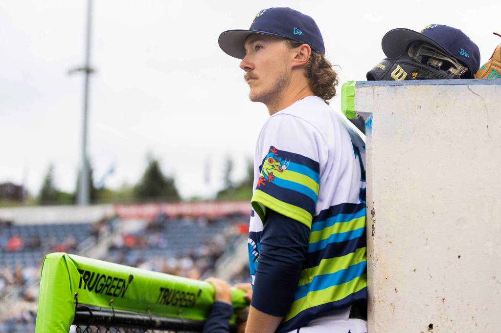 Bryce Miller #37 of the Everett AquaSox looks on during the game against the Hillsboro Hops on Wednesday, May 6, 2026 in Everett, Washington. (Olivia Vanni / The Herald)