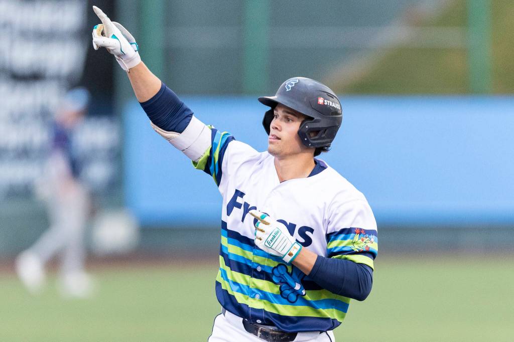 Luke Stevenson #32 of the Everett AquaSox reacts after hitting a home run during the game against the Hillsboro Hops on Wednesday, May 6, 2026 in Everett, Washington. (Olivia Vanni / The Herald)