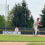 Snohomishs Trevor Vorderbruggen throws a pitch during a District 1 3A quarterfinal game against Mountlake Terrace on Saturday, May 9, 2026 at Snohomish H.S. in Snohomish. (Qasim Ali / The Herald)