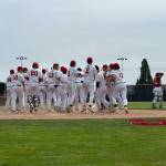 The Snohomish baseball team celebrates Reve LeRouxs second-inning two-run homer during a District 1 3A quarterfinal game against Mountlake Terrace on Saturday, May 9, 2026 at Snohomish H.S. in Snohomish. (Qasim Ali / The Herald)