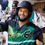 Carlos Jimenez of the Everett AquaSox hit a three-run home run on Saturday, May 9, 2026 at Everett Memorial Stadium. (Photo courtesy of Shari Sommerfeld / Everett AquaSox)
