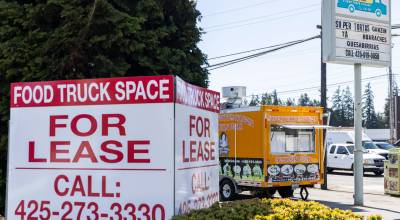 Super Tortas Ganzin sits in a spot at the Street Eats Food Truck Village on Monday, May 11, 2026 in Lynnwood, Washington. (Olivia Vanni / The Herald)