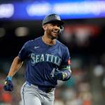 Julio Rodriguez (44) of the Seattle Mariners rounds the bases on his solo home run in the third inning against the Houston Astros at Daikin Park on Monday in Houston. (Tim Warner / Getty Images / Tribune News Services)