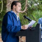Marysville City Council member Peter Condyles explains the history behind Mother Natures Window Park during a ribbon cutting event for the park on Thursday, May 14, 2026 in Marysville, Washington. (Olivia Vanni / The Herald)