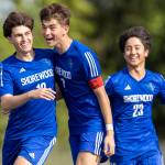 Shorewoods Nikola Genadiev and Shorewoods Daniel Bruno celebrate after Genadievs goal during the 3A district semifinal game against Lynnwood on Tuesday, May 12, 2026 in Shoreline, Washington. (Olivia Vanni / The Herald)