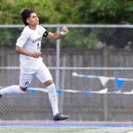 Lynnwoods Henrry Torres-Hernandez reacts after scoring during the 3A district semifinal game against Shorewood on Tuesday, May 12, 2026 in Shoreline, Washington. (Olivia Vanni / The Herald)