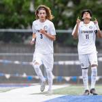Lynnwoods Henrry Torres-Hernandez reacts after scoring during the 3A district semifinal game against Shorewood on Tuesday, May 12, 2026 in Shoreline, Washington. (Olivia Vanni / The Herald)