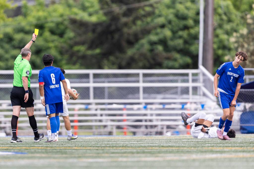 Shorewoods George Clark reacts after getting a yellow card during the 3A district semifinal game on Tuesday, May 12, 2026 in Shoreline, Washington. (Olivia Vanni / The Herald)