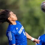 Shorewoods Meiron Bereket heads the ball during the 3A district semifinal game against Lynnwood on Tuesday, May 12, 2026 in Shoreline, Washington. (Olivia Vanni / The Herald)
