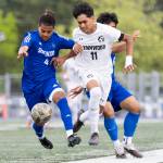 Shorewoods Meiron Bereket and Lynnwoods Henrry Torres-Hernandez battle for the ball during the 3A district semifinal game on Tuesday, May 12, 2026 in Shoreline, Washington. (Olivia Vanni / The Herald)