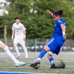 Shorewoods Meiron Bereket controls the ball against Lynnwoods Kaue Basso De Souza Machado during the 3A district semifinal game on Tuesday, May 12, 2026 in Shoreline, Washington. (Olivia Vanni / The Herald)