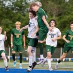Edmonds-Woodways Will Bourbonnais and Shorecrests Kai Short jump up to head a corner kick during the 3A district semifinal game on Tuesday, May 12, 2026 in Shoreline, Washington. (Olivia Vanni / The Herald)
