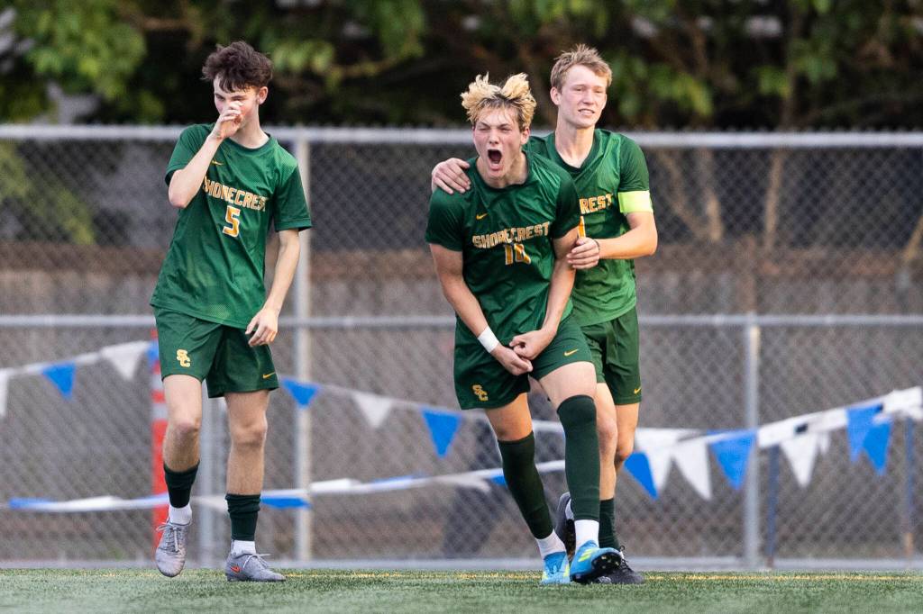 Shorecrests Cole Ambrose reacts after scoring during the 3A district semifinal game against Edmonds-Woodway on Tuesday, May 12, 2026 in Shoreline, Washington. (Olivia Vanni / The Herald)