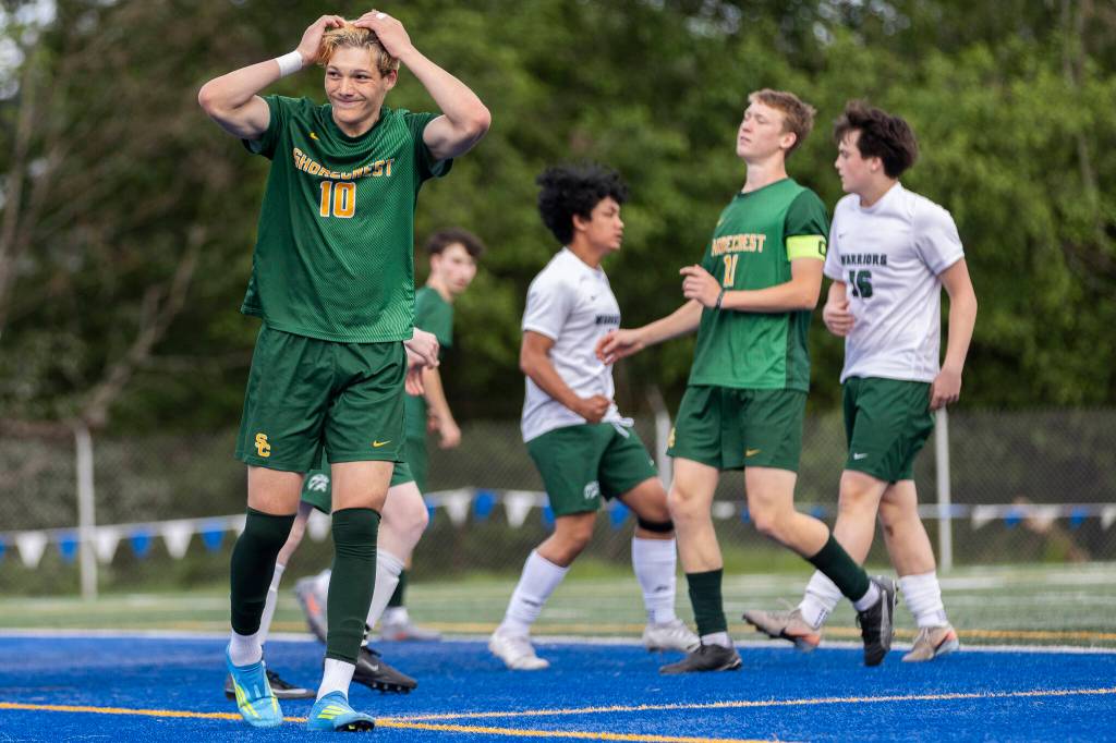 Shorecrests Cole Ambrose reacts after missing a shot during the 3A district semifinal game against Edmonds-Woodway on Tuesday, May 12, 2026 in Shoreline, Washington. (Olivia Vanni / The Herald)