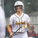 Everett’s Anna Luscher reacts after scoring during the game against Snohomish on Thursday, April 16, 2026 in Everett, Washington. (Olivia Vanni / The Herald)