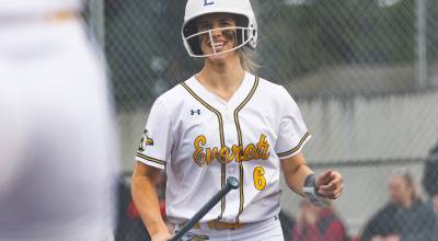 Everett’s Anna Luscher reacts after scoring during the game against Snohomish on Thursday, April 16, 2026 in Everett, Washington. (Olivia Vanni / The Herald)