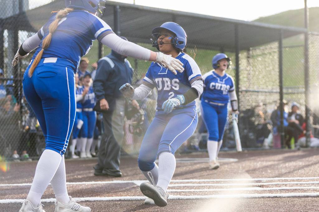 Sedro-Woolleys Amiah Radeck celebrates after scoring during the 3A district championship game against Everett on Thursday, May 14, 2026 in Everett, Washington. (Olivia Vanni / The Herald)